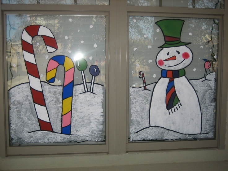 рисунок на окне снеговик