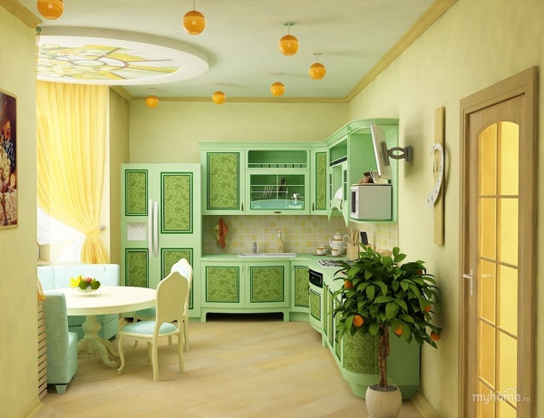 Кухня зеленого цвета в сочетании с желтым