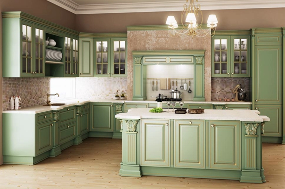 Кухня классическая зеленого цвета