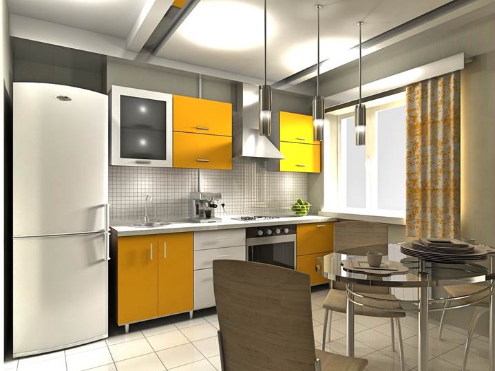 Серые с белым стены, пол, холодильник – прекрасный фон для желтых кухни и штор